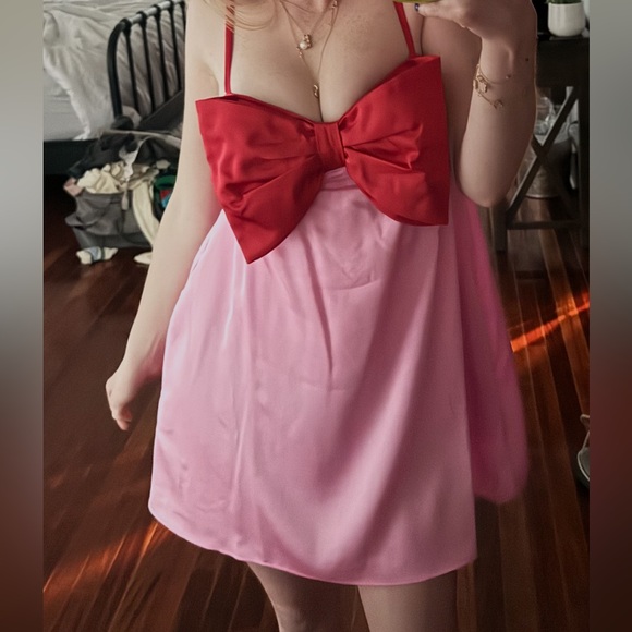 Show Me Your MuMu Pink Mini Dress with Red Bow Bust - Picture 2 of 3